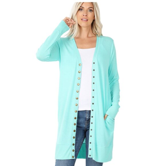 ZENANA Mint Blue Thigh Length Cardigan Sweater S-XL NWT - Picture 1 of 2